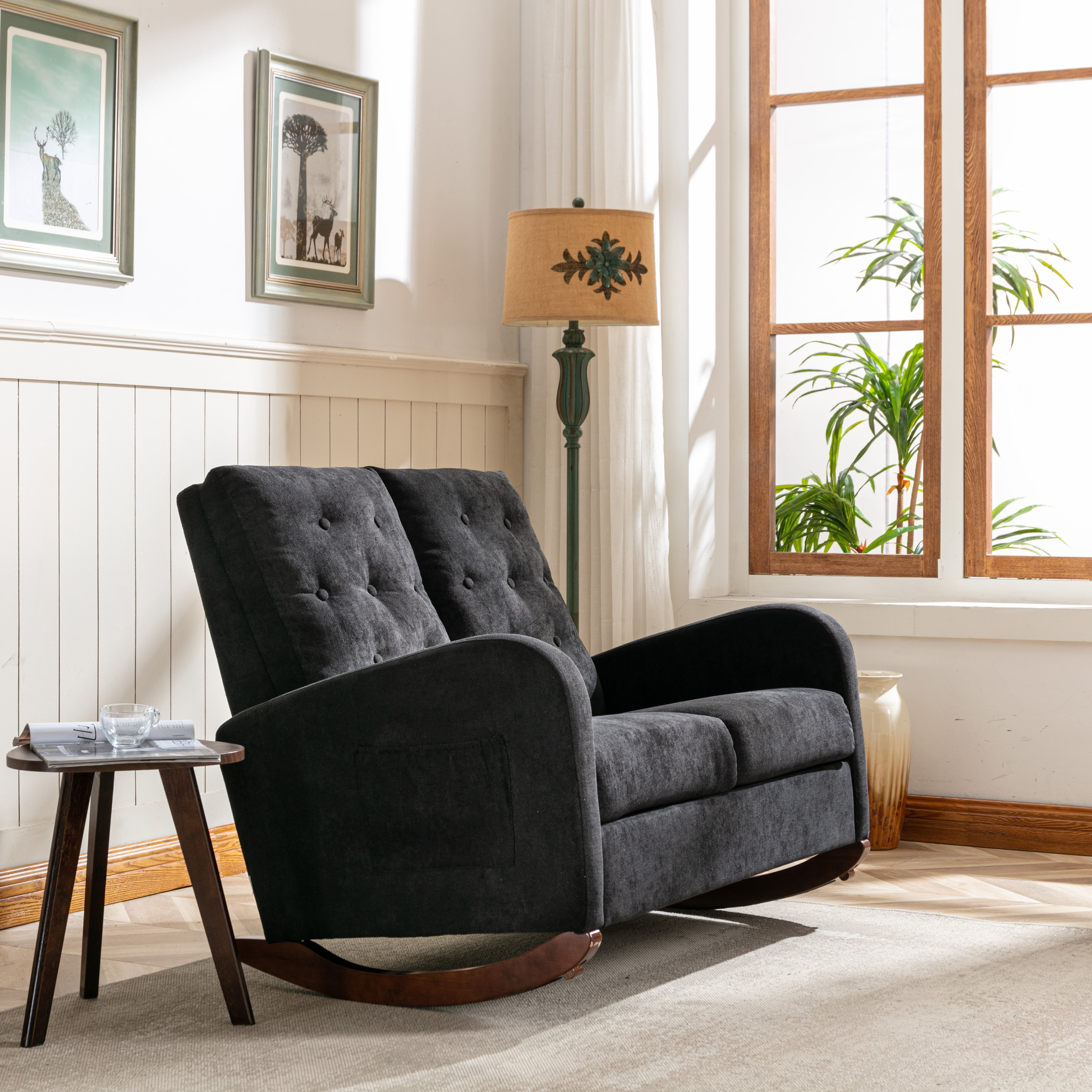 Bellemave Fashion Double Rocking Sofa with High Backrest and Pocket, Rocker Chair with Spacious Wing-back and Padded Seat for Living Room, Bedroom, Nursery(Black)