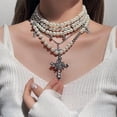 thumbnail image 3 of Collier Croix Perle Superposée Déclaration Gothique Empilé Collier Perle Strass pour Femme, 3 of 8