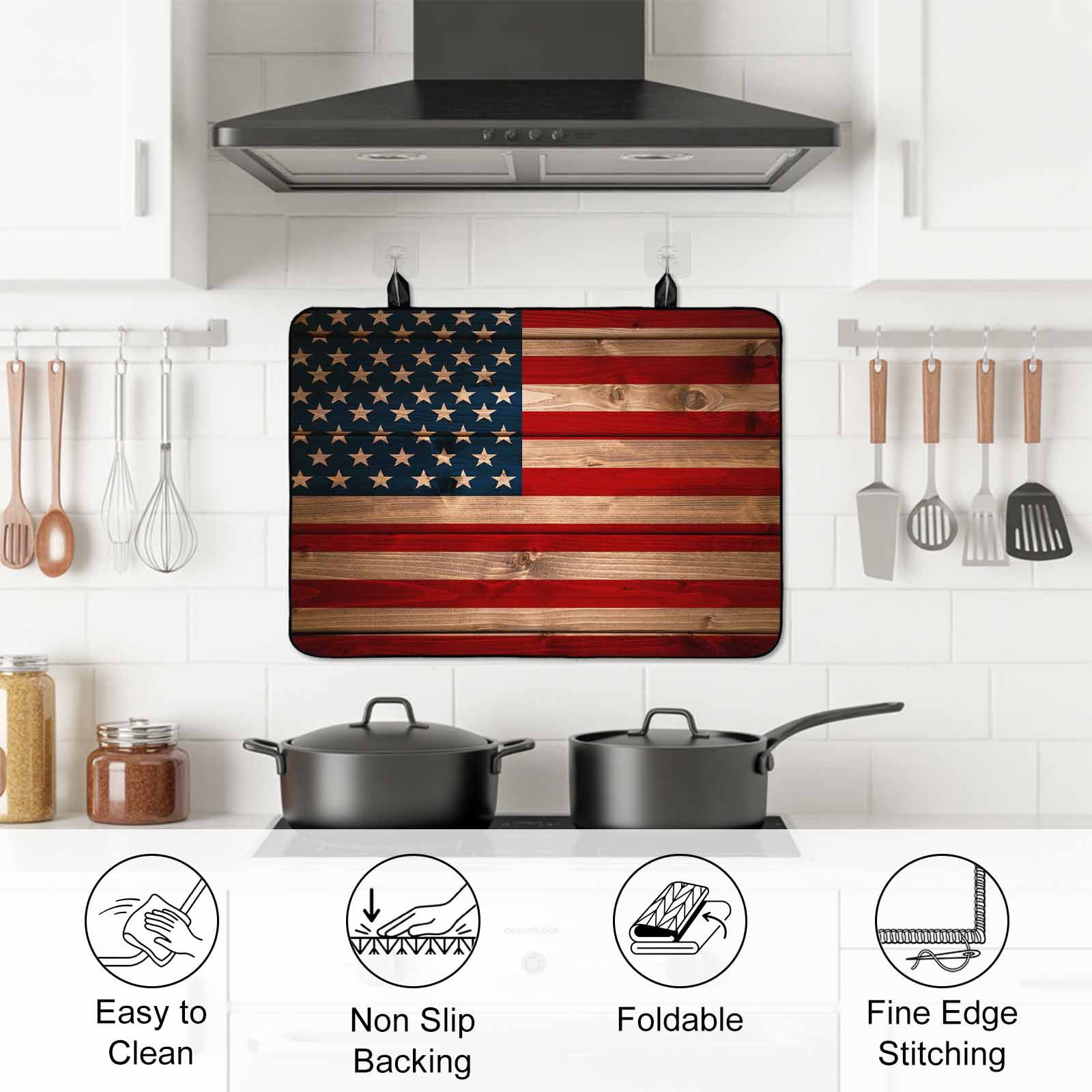 American Flag Stove Top Cover for Electric Stove, Heat-proof & Non Slip Glass Top Stove Cover Protector, Blue Red USA Flag Vintage Wooden Kitchen Flat Cooktop Rubber Mat 24x21 Inches