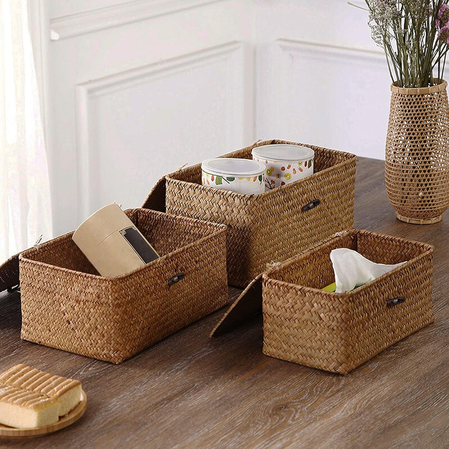 Wicker Storage Bins with Lid, 12.6inch Wicker Storage Baskets for Organizing, Rectangular Household Organizer Boxes,Woven Shelf Organizer Bins Home Utility Organizer Box for Home & Office Supplies