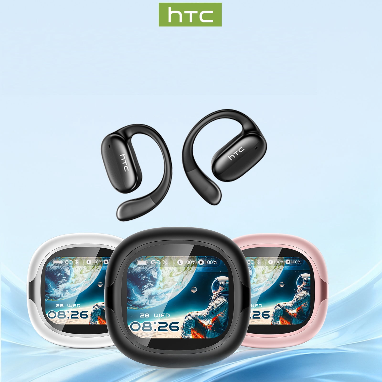 HTC Open Ear Wireless Earbuds Bluetooth 6.0 with Touch Screen Charging Case, Earhook Headphones with Mic, HiFi Stereo, 30H Playtime, IPX5 Waterproof for Running Workout, Black