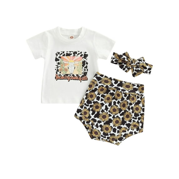 hirigin Infant Girl Short Sleeve Tops + Shorts + Bow Headband, Flowers Letter Animal Print Summer Clothing