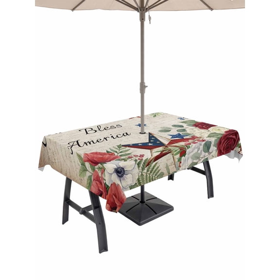 Outdoor Tablecloth with Umbrella Hole for Patio/Picnic/Party/Camping, 4th of July Waterproof Table Cloth Rectangle Table Cover Washable, Independence Day American Star Floral Vintage (52"x 70")