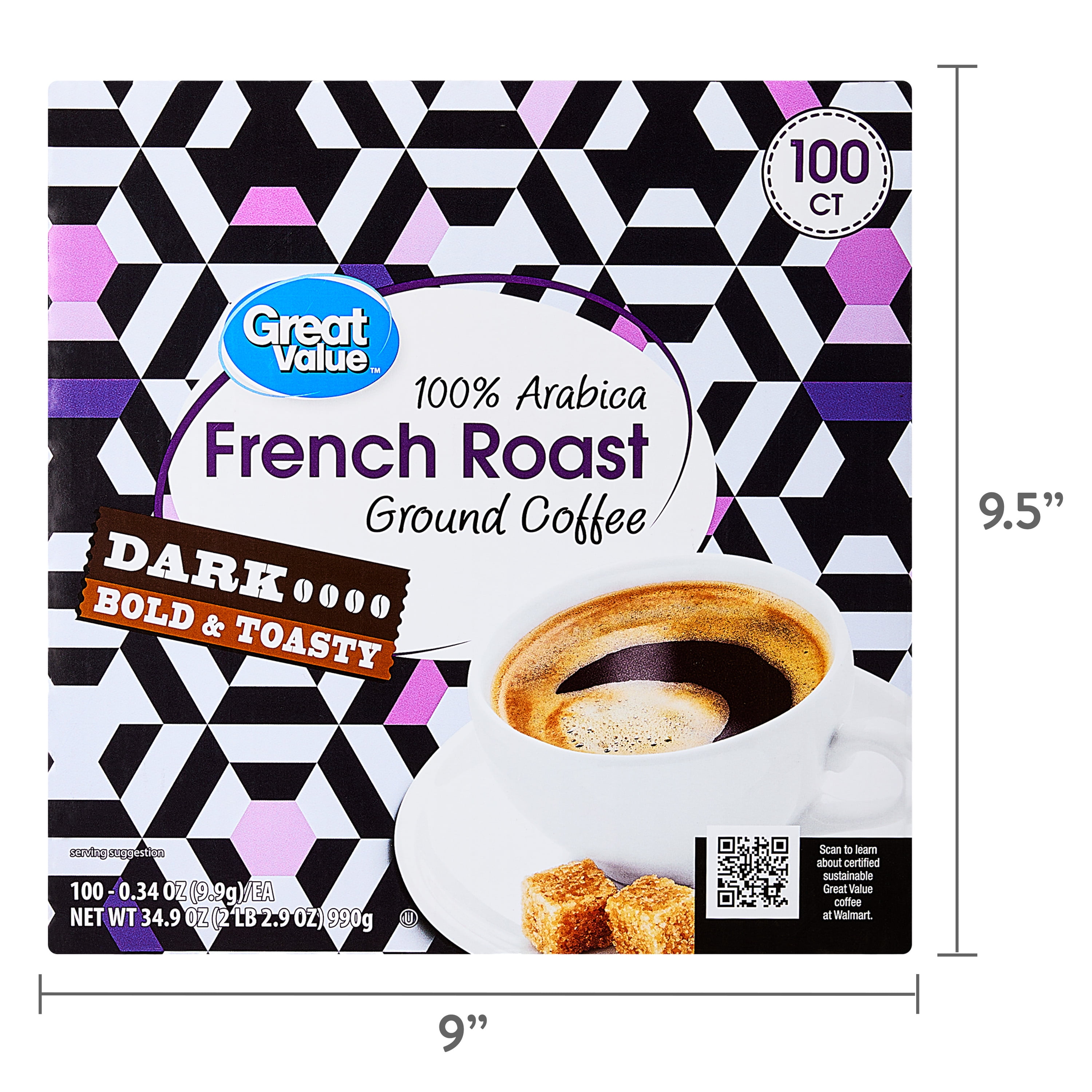Great Value 100% Arabica French Dark Roast Ground Coffee Pods, 34.9 oz, 100 Count