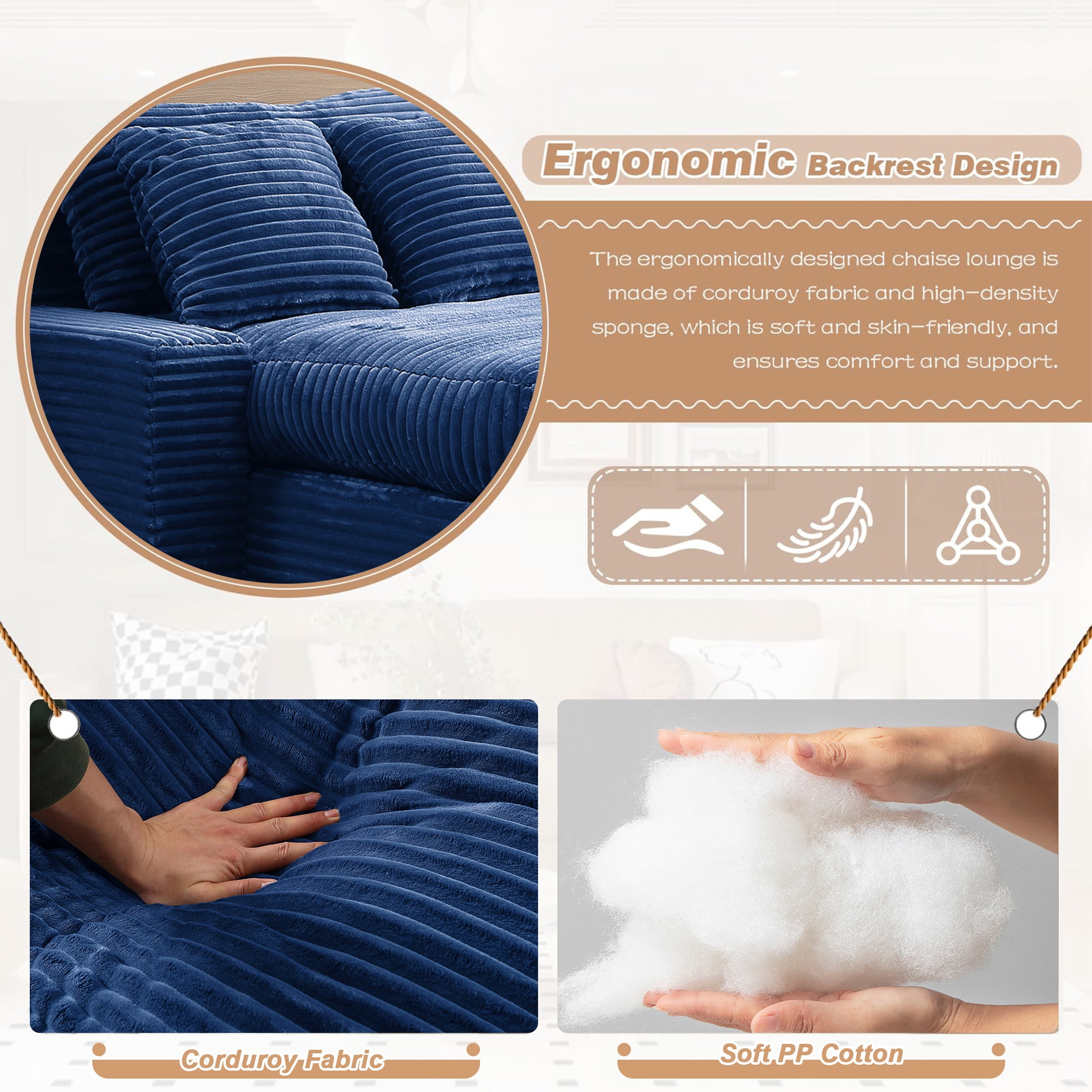 Aukfa 49" Chaise Lounge, Plush Corduroy Sofa Chair Bed w/ 3 Pillows Living Room, Navy