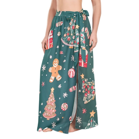 FORMRS Womens Beach Sarong Semi-Sheer Bikini Wrap Skirt Swimsuit Cover-ups, Green Christmas Gingerbread