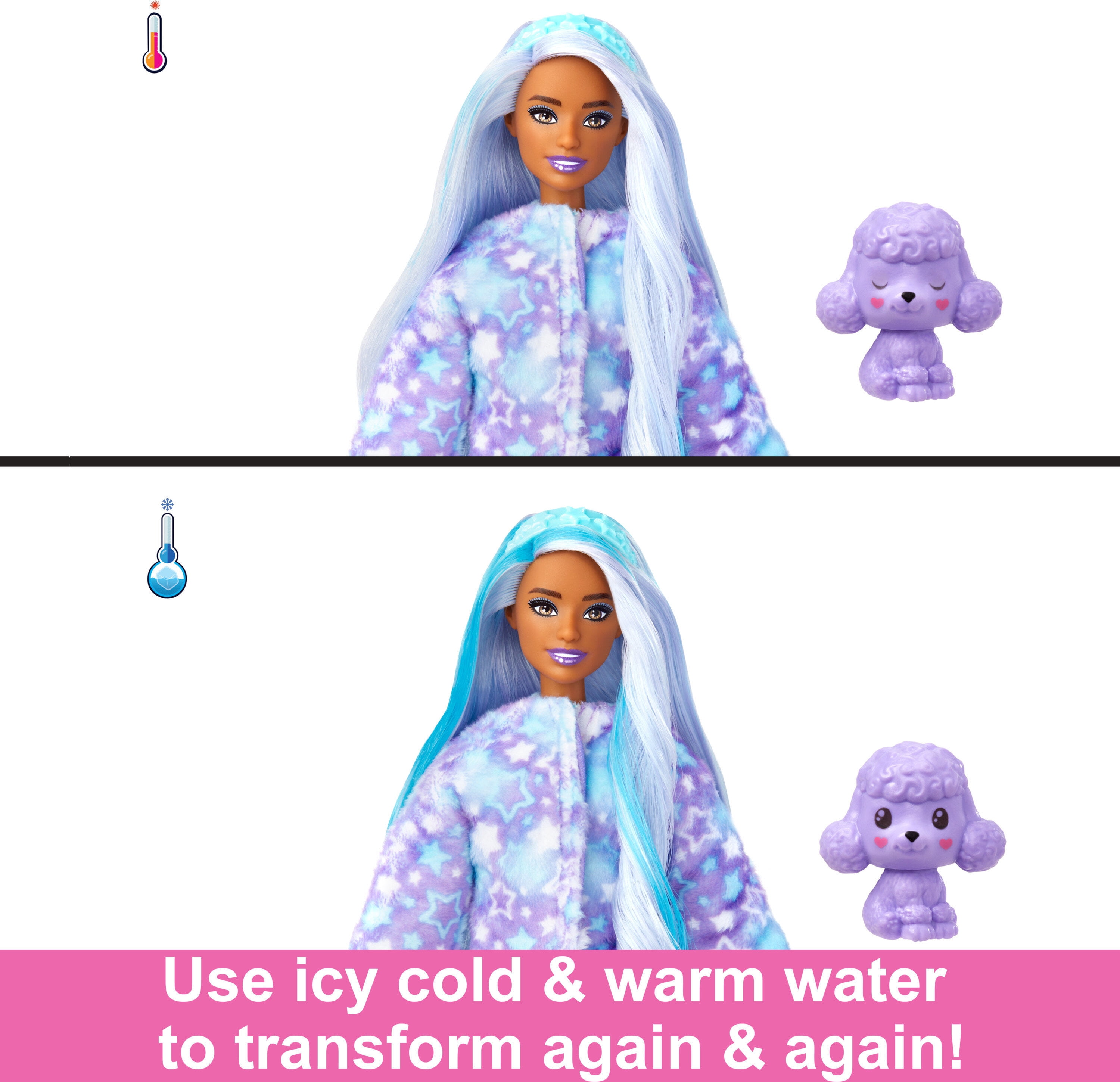 Barbie Cutie Reveal Doll & Accessories, Cozy Cute Tees Poodle, “Star” Tee, Blue & Purple Streaked Hair, Brown Eyes