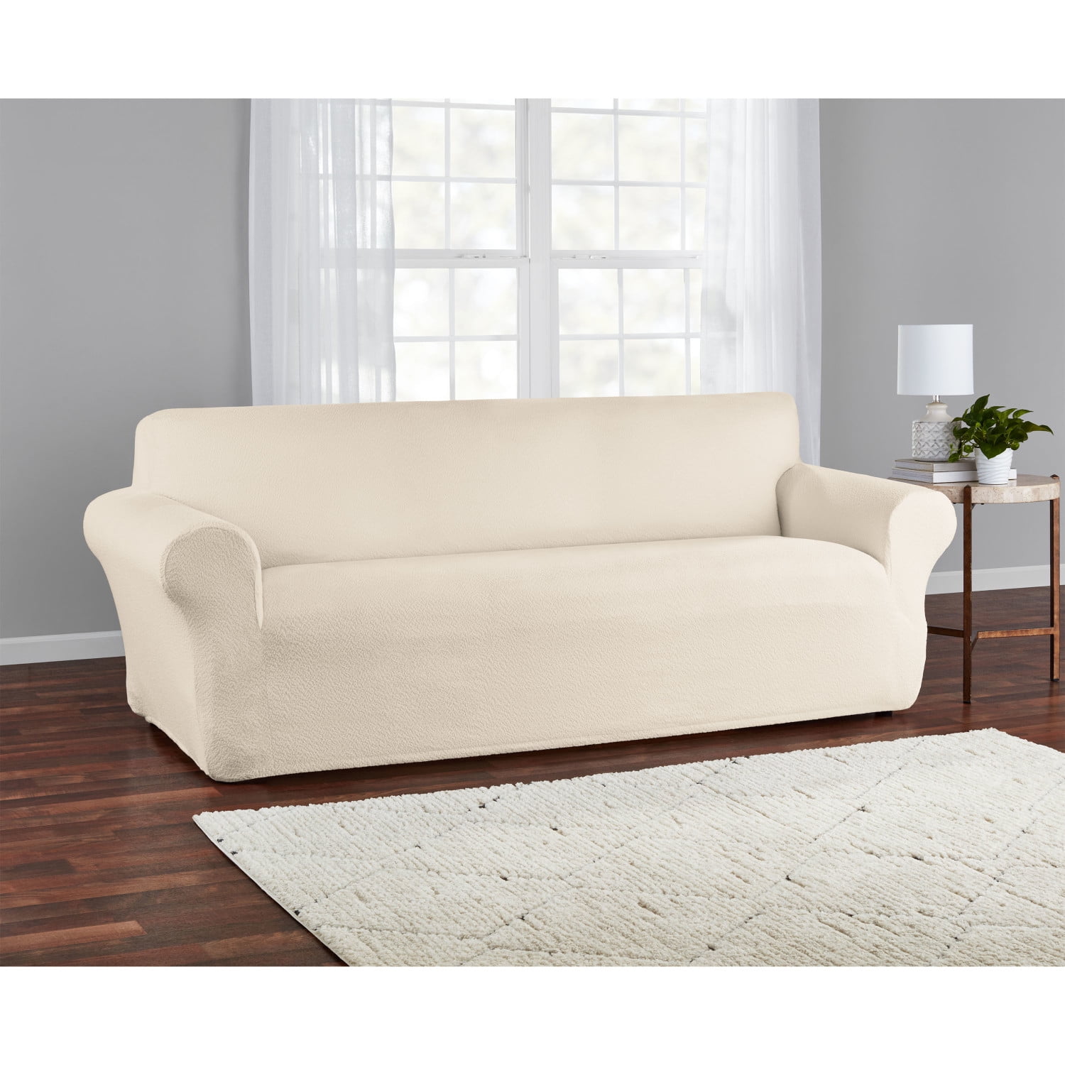 (2 pack) Mainstays Boucle Stretch-to-Fit Fabric Sofa Slipcover, 1-Piece, Beige