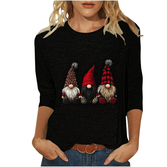asdoklhq Women's Sweaters Ladies' Christmas Printed Round Neck Three Quarter Sleeve 3/4 Sleeve T-shirt Loose Top Long Sleeved Round Neck Top/shirt Black L