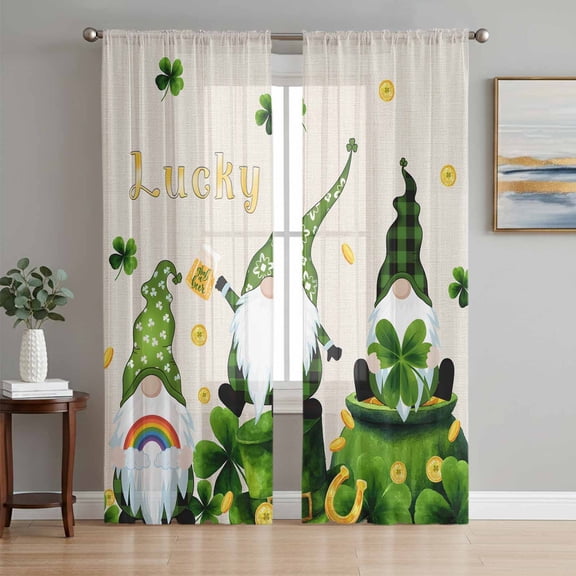 St. Patrick's Day Sheer Curtains 96 Inch Length 2 Panels Set Window Treatments, Green Gnomes Gold Coin Shamrock Beige Rod Pocket Semi Curtains for Living Room/Bedroom/Kitchen Décor, 104"W x 96"L