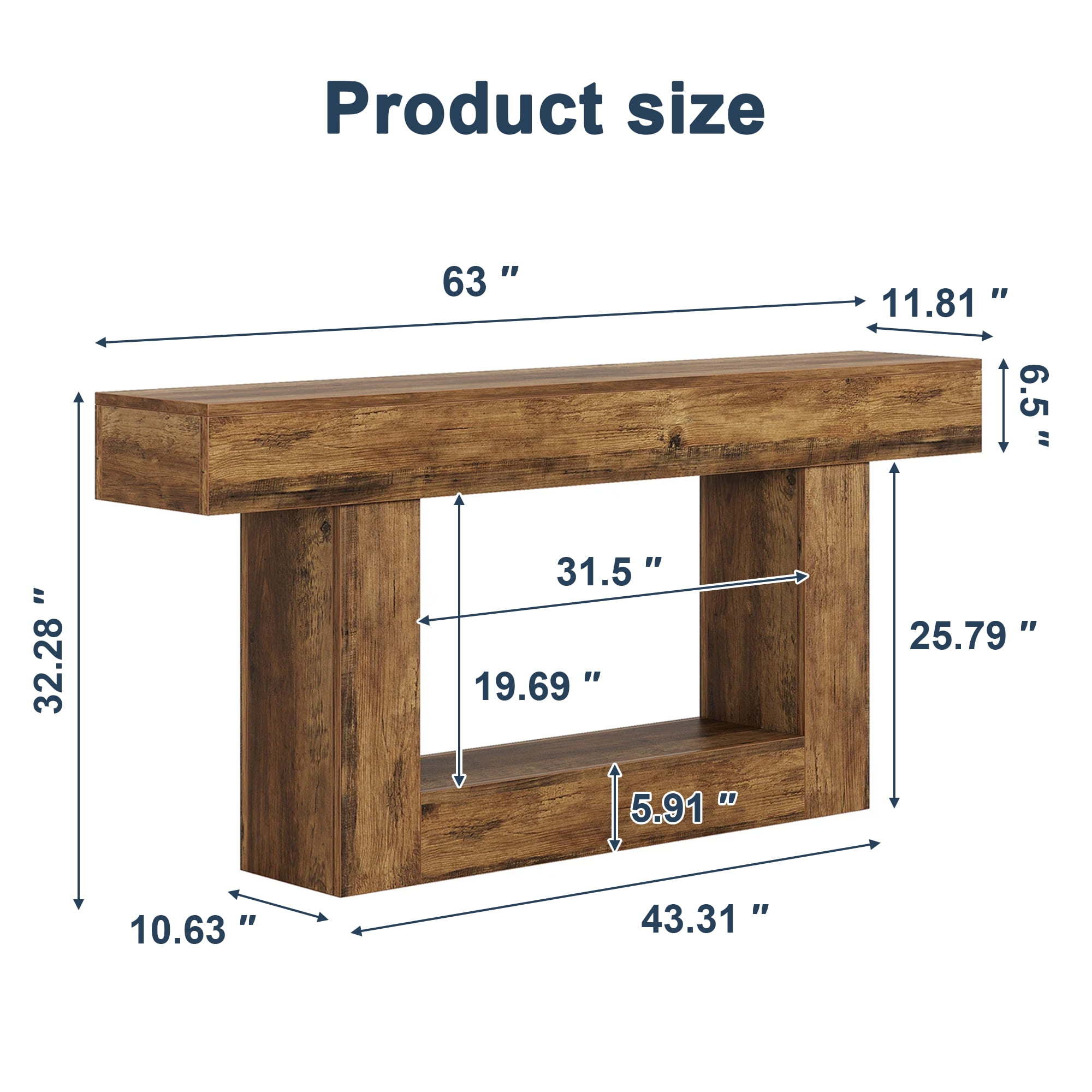 Demi Bonn 63" Wood Console Table, Farmhouse 2-Tier Sofa Table Entryway Table, Foyer Display Table, Brown