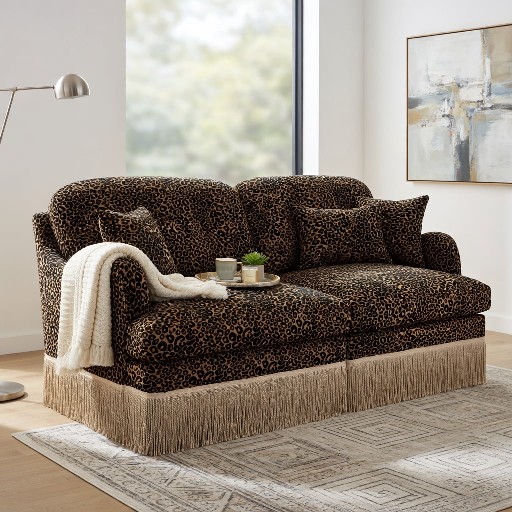 Hommoo 131" U-Shaped Chenille Sofa Set with Leopard Print, Movable Ottomans, Tassel Trim & Ergonomic Deep Seat, Modern Living Room Sectional, Brown