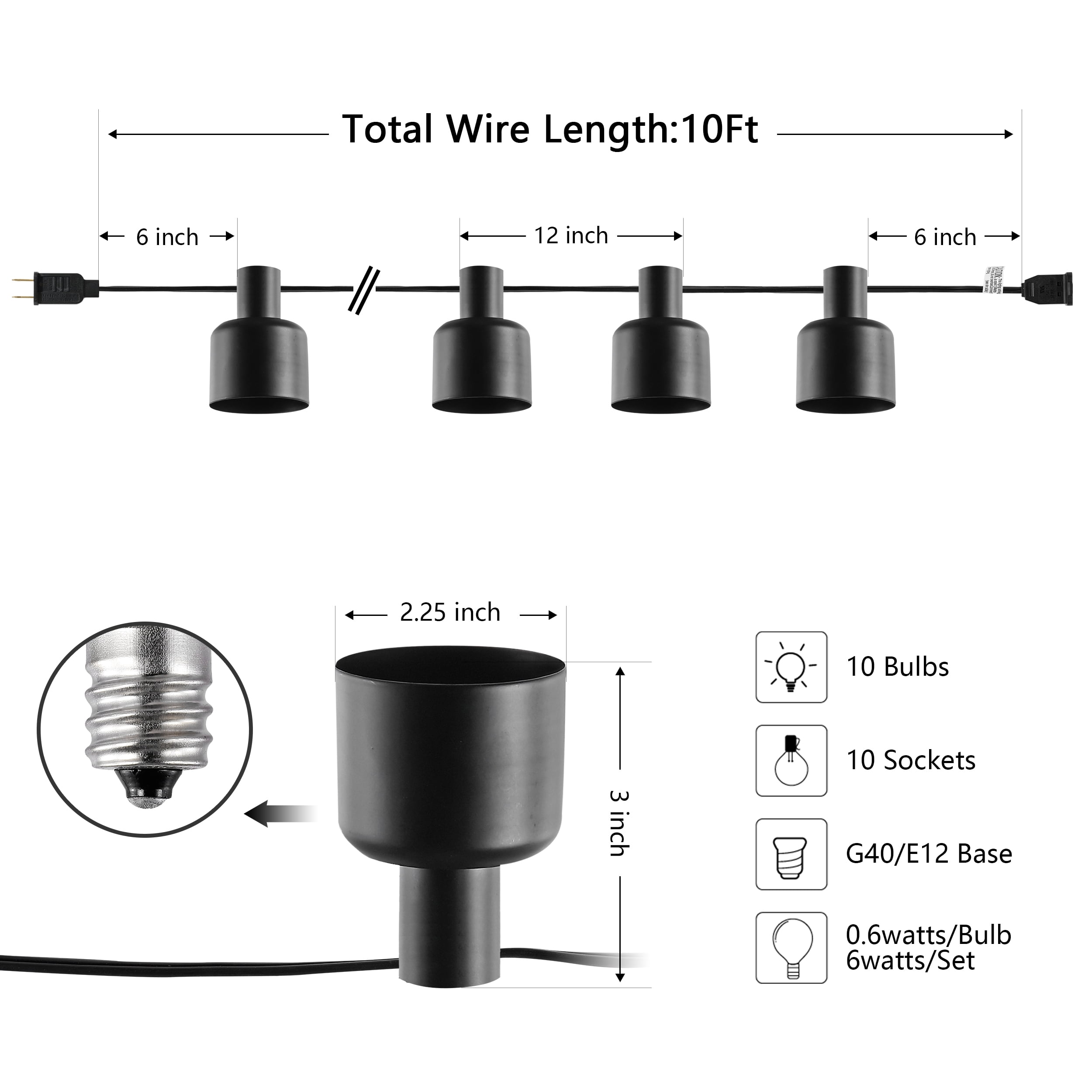 SAFAVIEH Adaner 10-Light G40 Black Plastic Outdoor String Light with Black Shade