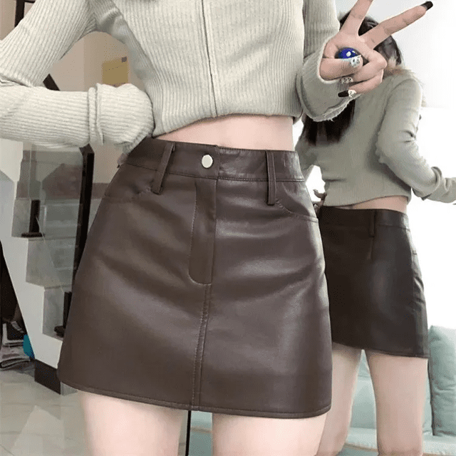Vestido mini de cintura alta para mujer, otoño/invierno 2024, de piel sintética antiexposición, estilo mini, corte A, ajustado
