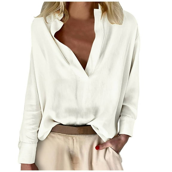 STETMN V Neck Blouses for Women Cotton Linen Casual Long Sleeve Shirts Solid Office Fall Top Shirt