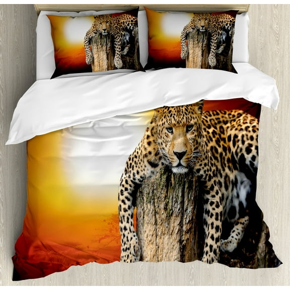 Savannah Duvet Cover Set, Leopard Sitting on Dry Tree at Sunset Danger in Air Big Cat with Spotted Form, Decorative 3 Piece Bedding Set with 2 Pillow Shams, Calking Size, Orange Brown, by Ambesonne