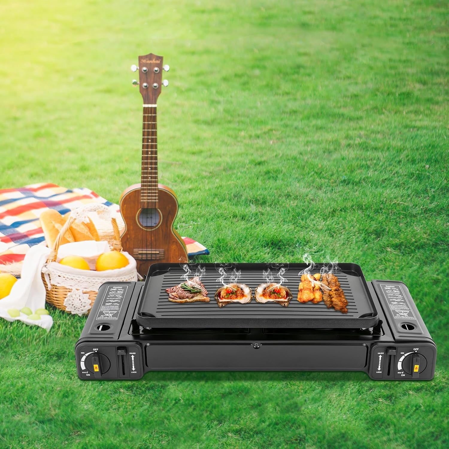 Portable Butane Camping Stove 2 Burners Gas Stove with Grill Tray and Storage Case Double Auto Ignition Cooktop Camping Burner for Home, Camping, Outdoor, Rv
