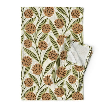 

Printed Tea Towel Linen Cotton Canvas - Climbing Vines Floral Rust Olive Neutral Plants Print Decorative Kitchen Towel by Spoonflower