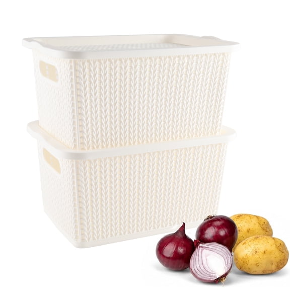 Pethiy 2-Pack Stackable Vegetable Bins, Onion Potato Storage Baskets with Lids, BPA-Free Plastic Canisters for Pantry Countertop Kitchen Organization-White