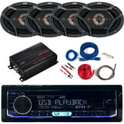 JVC Single DIN Bluetooth USB AUX AM/FM Radio Stereo CD Player Car Audio Receiver Bundle Combo with 4x 6x9" 550 Watt Peak Power 4-Way Coaxial Speakers, 4-Channel Compact Amplifier, Amp Wiring Kit