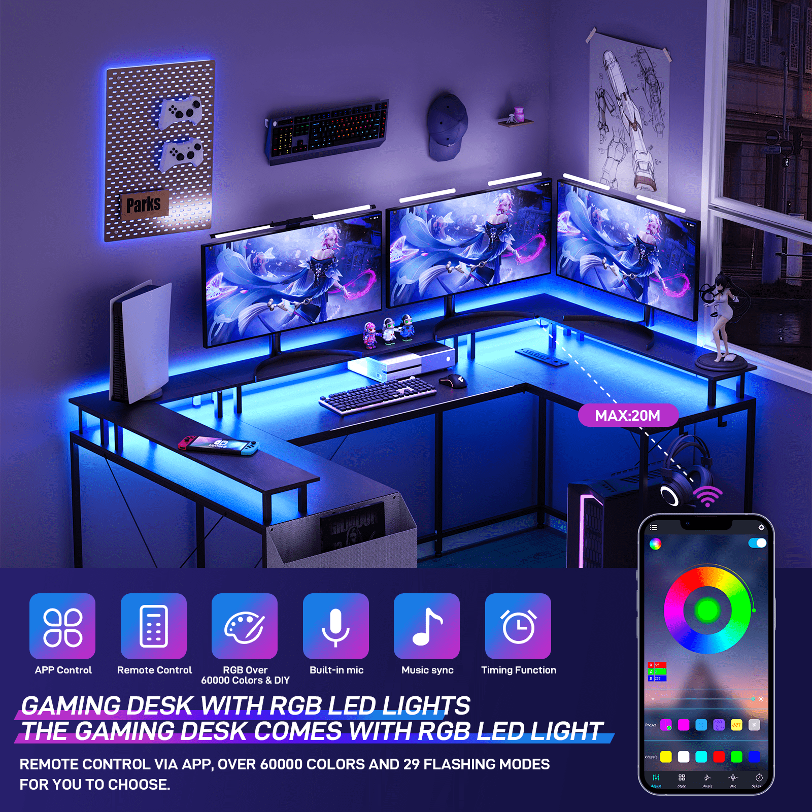 Maritcute U Shaped Computer Gaming Desk, Reversible L Shaped Desk with Power Outlets, LED Strip & Monitor Stand, Large Corner Desk with Storage Shelves for Home Office
