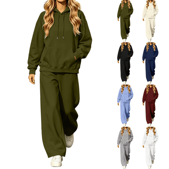 Liuinsasek Womens Casual Sweatshirts Sets Solid-Color Loose-Fit Hooded Drawstring Sweatshirt and Curved-Leg Sweatpants Light Fleece Two-Piece Set