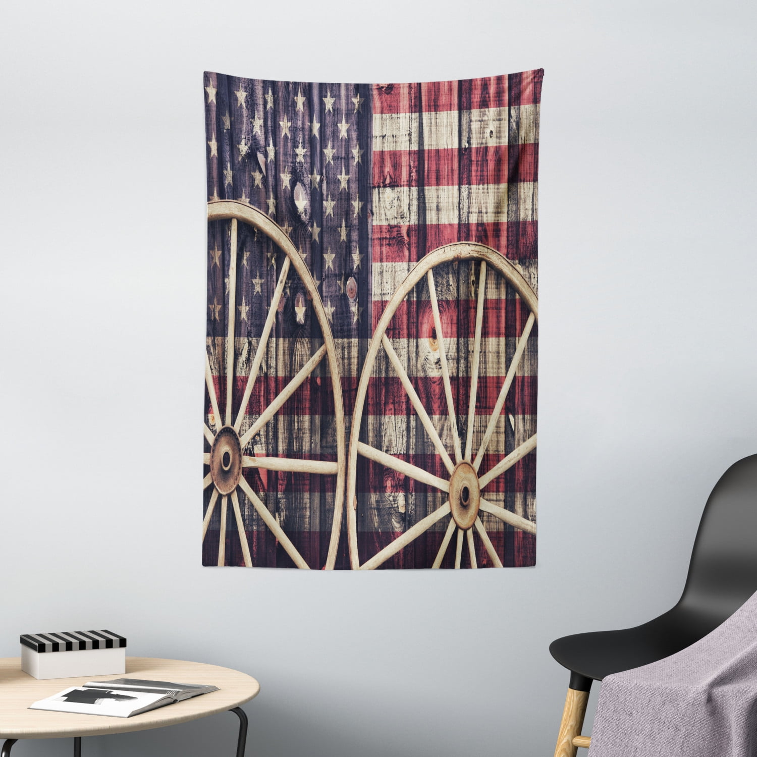 Western Decor Wall Hanging Tapestry, Big Antique Cart Carriage Wheels
