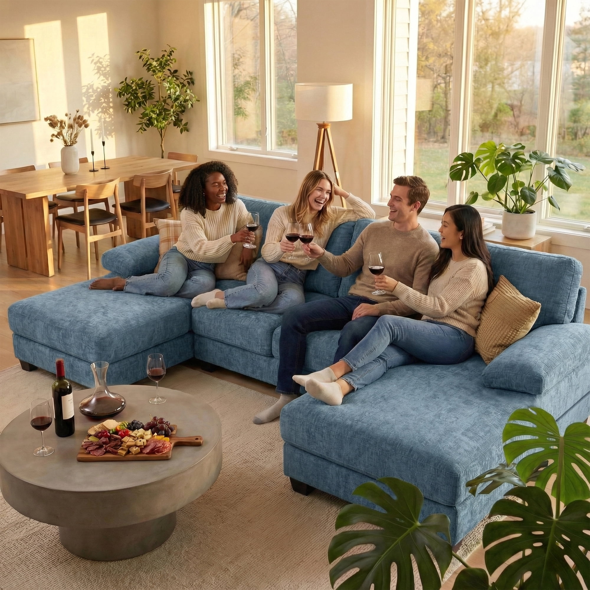 Vineego 105" U-Shaped Sectional Sofa with Double Chaise 4-Seat Modular Sofa Couch for Living Room,Chenille Blue