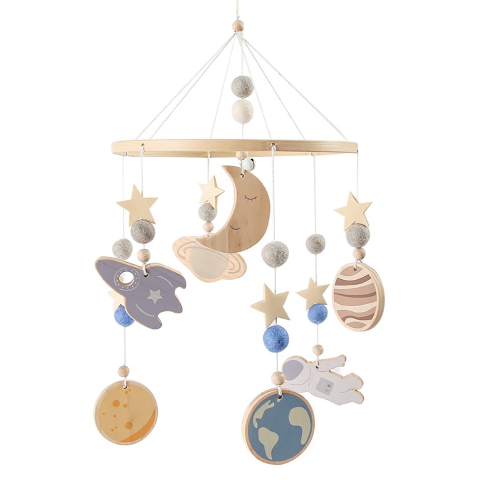 Baby Space Bed Bell – Wooden Hanging Crib Mobile Toy with Stars & Moon for Infant Sleep, Nursery Decor & Sensory Play