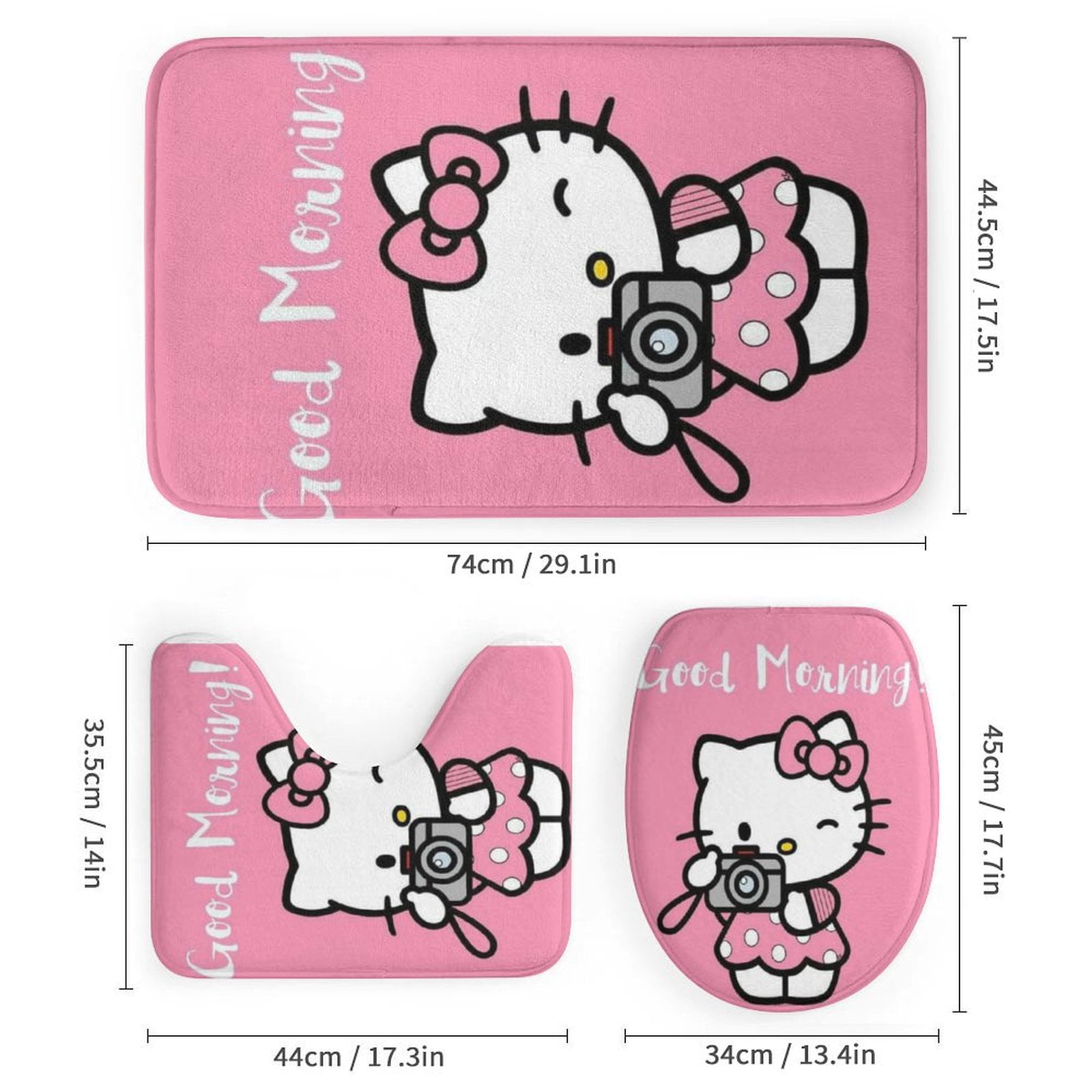 4 Piece Cartoon Hello Kitty Take A Photo Shower Curtain Sets Kawaii Accessories with Non-Slip Rug, Toilet Lid Cover, Bath Mat Shower Curtains Set for Bathroom Decor