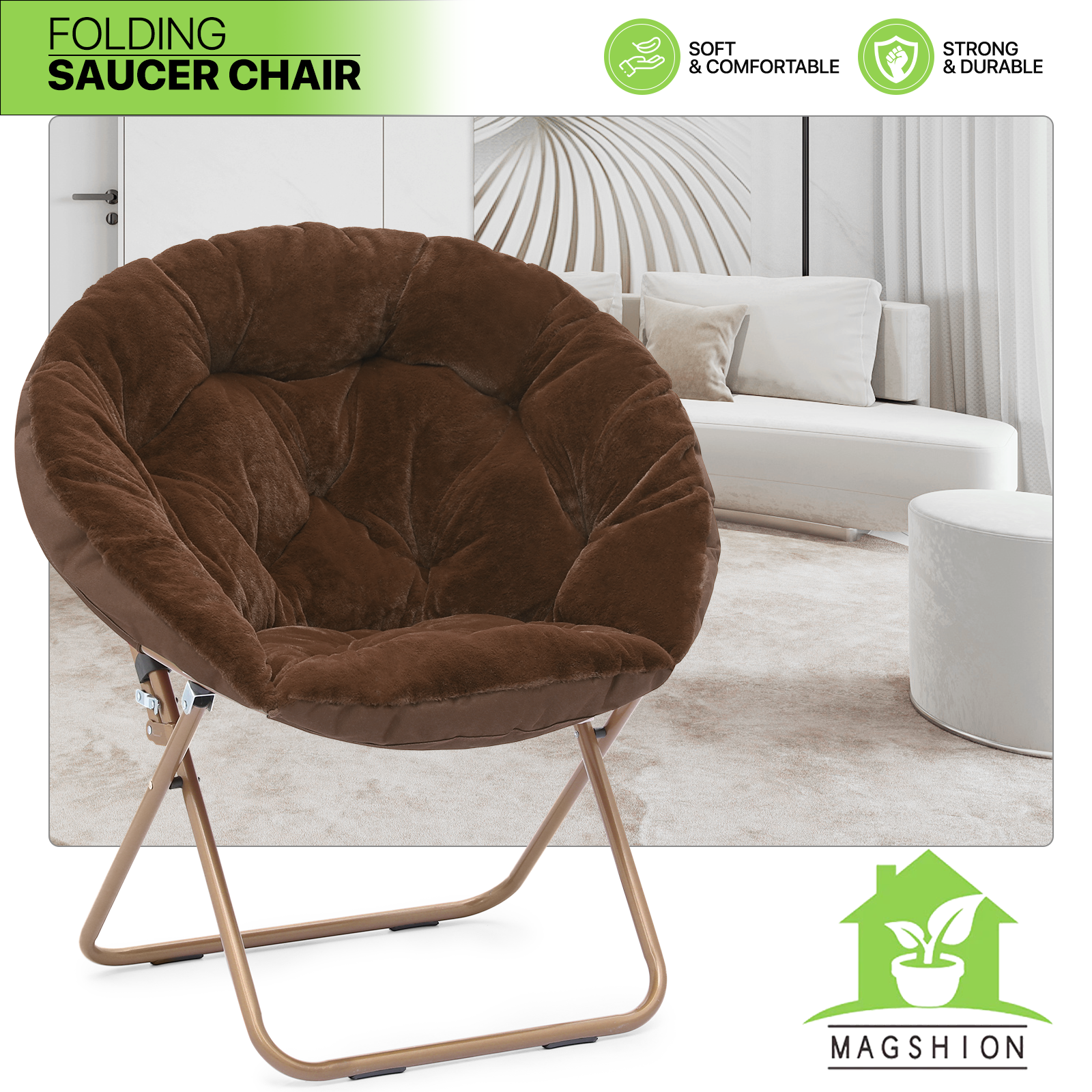 Magshion Folding Lounge Chair Comfy Faux Fur Saucer Chair, Cozy Moon Chair Seating with Metal Frame for Home Living Room Bedroom, Brown - image 2 of 10