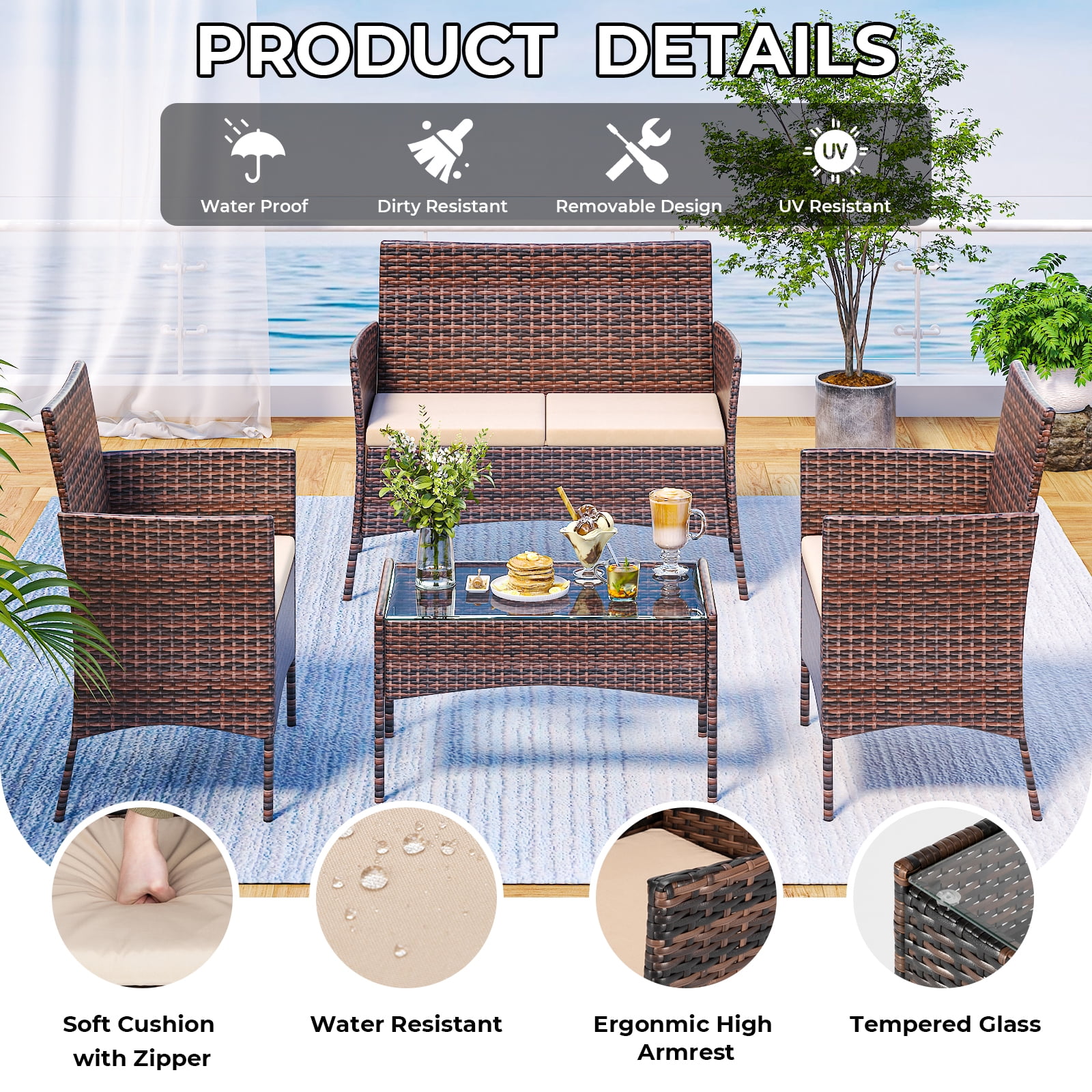Zimtown 4-Piece Outdoor Wicker Conversation Set, Rattan Sofa Furniture for Garden Patio, Rattan Furniture for Outdoor and Indoor, Brown