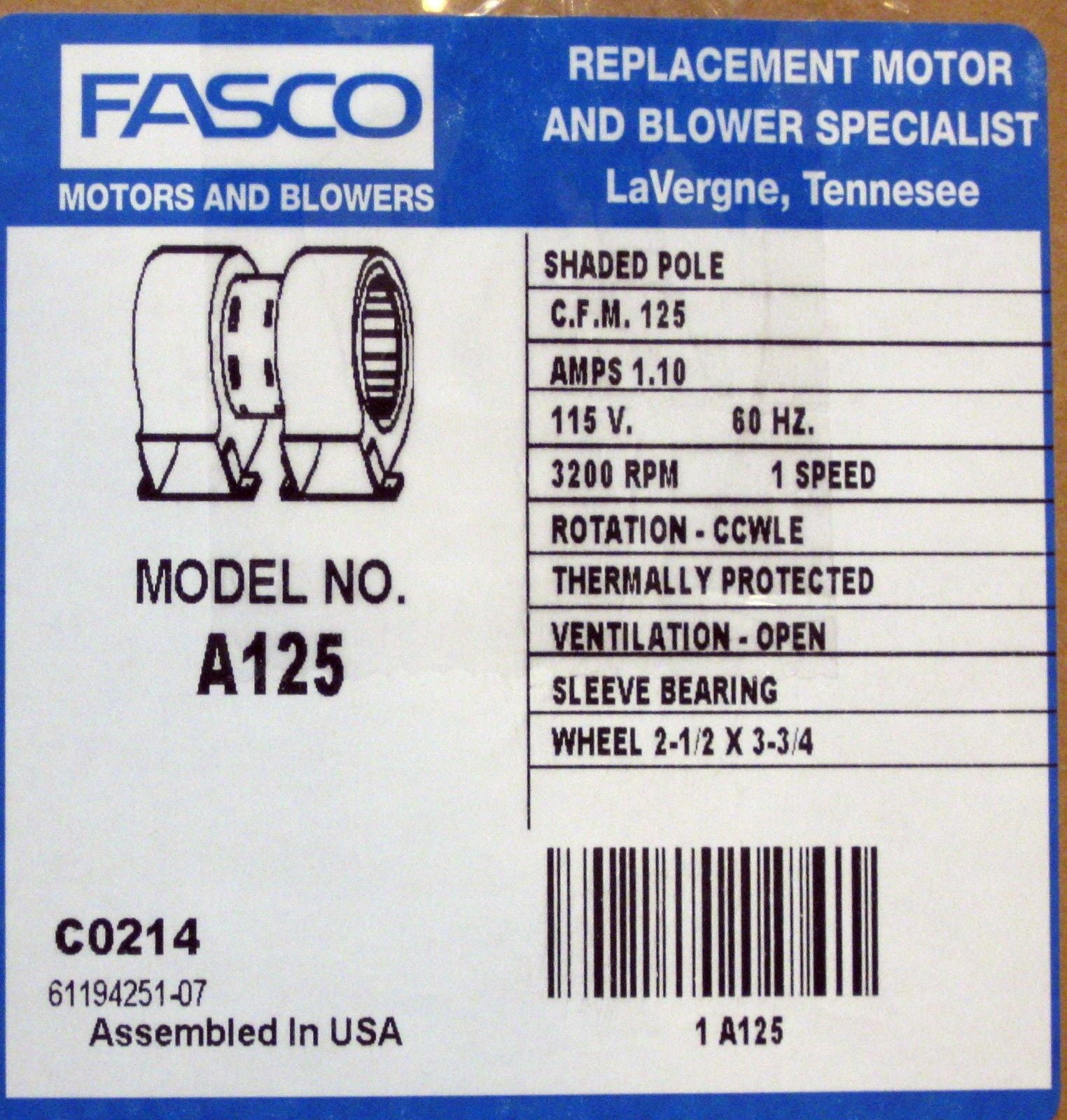 Fasco A125 Dual Centrifugal Blower Motor 125 CFM