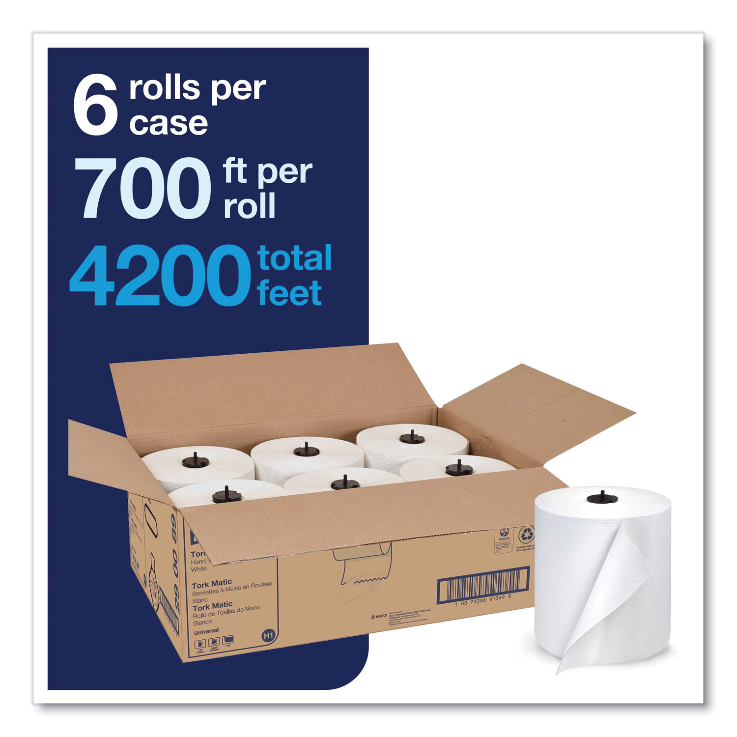 Tork® Advanced Matic Hand Towel Roll, 1-Ply, 7.7" x 700 ft, White, 6 Rolls/Carton