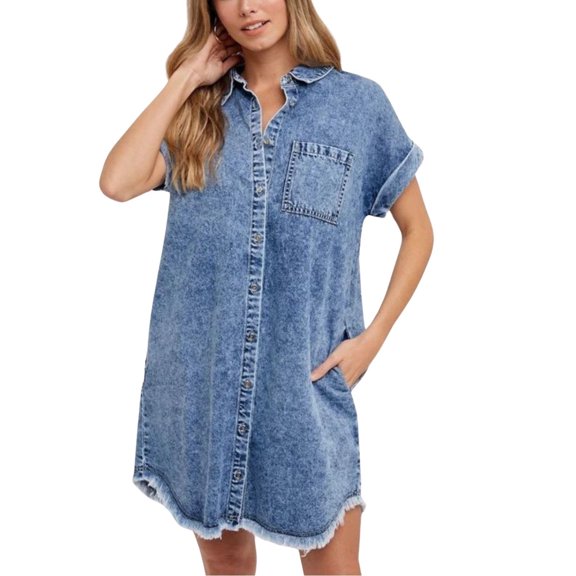 Denim Dress for Women Midi Jean Shirt Dresses Button Down Short Sleeve Summer Womens Jeans Babydoll Pockets Blue M