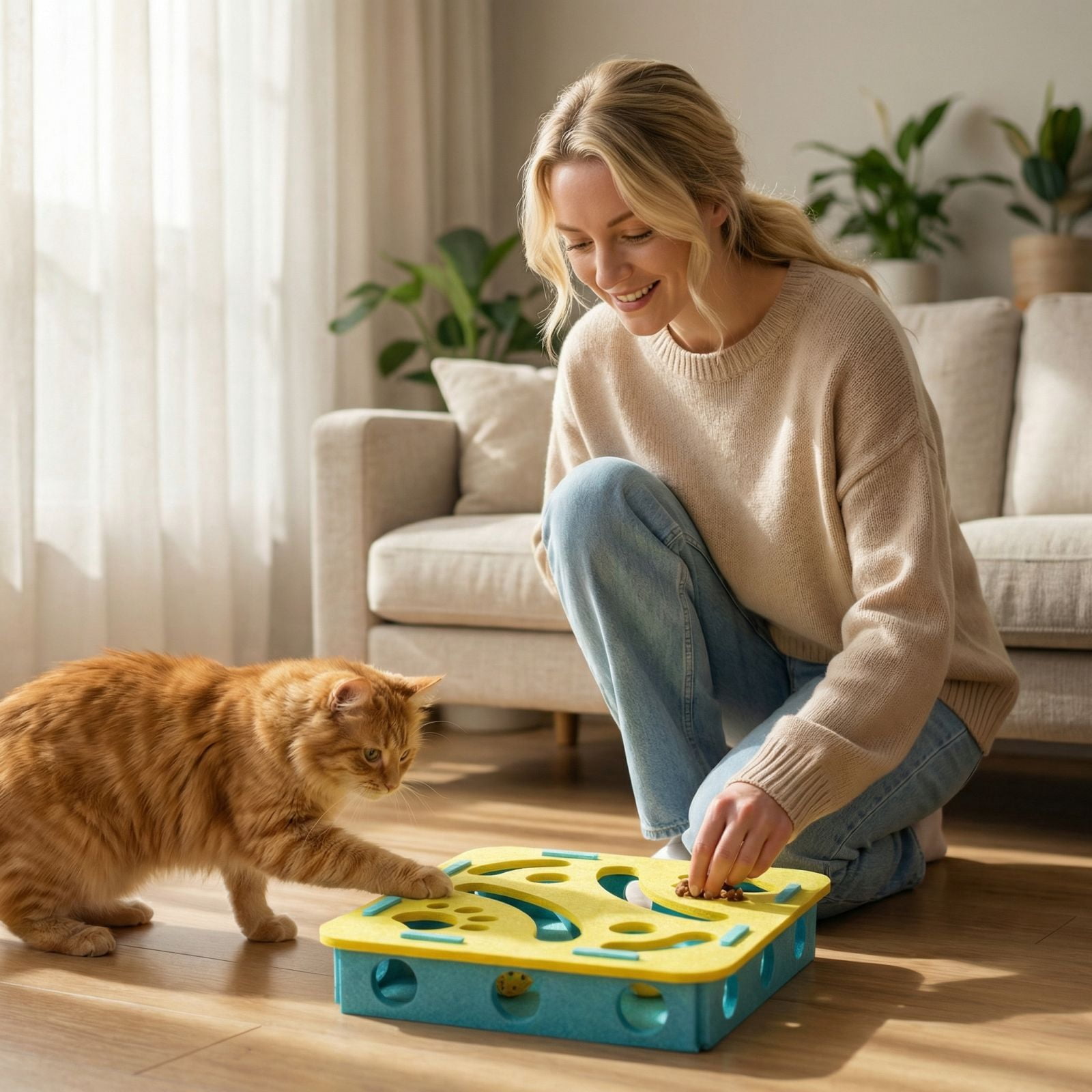 Interactive Cat Toy for Mental Stimulation – Yellow & Green Felt Food Puzzle Board with Bells, Grooved Channels & Textured Holes, Ideal for Indoor Enrichment and Solo Play