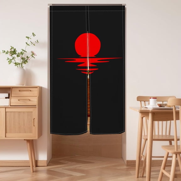 Japanese Red Sun Door Curtain,Asin Full Moon Black Art Doorway Curtains,Porch Bedroom Bathroom Living Room Staircase Room Partition Curtain 33.5"x59" Inch