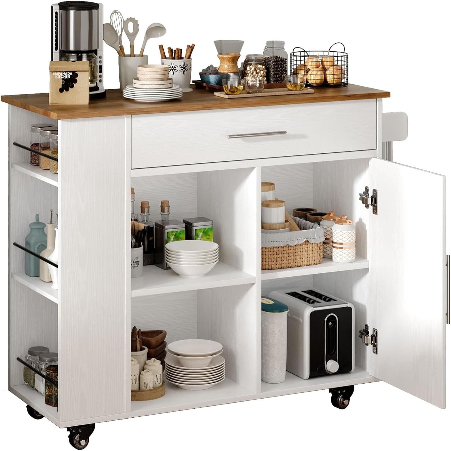 DreamCurship 39" Kitchen Island Cart with Storage, Kitchen Cart Island on Wheels, Rolling Kitchen Island with Spice Rack & Towel Rack, Island Table for Kitchen, White