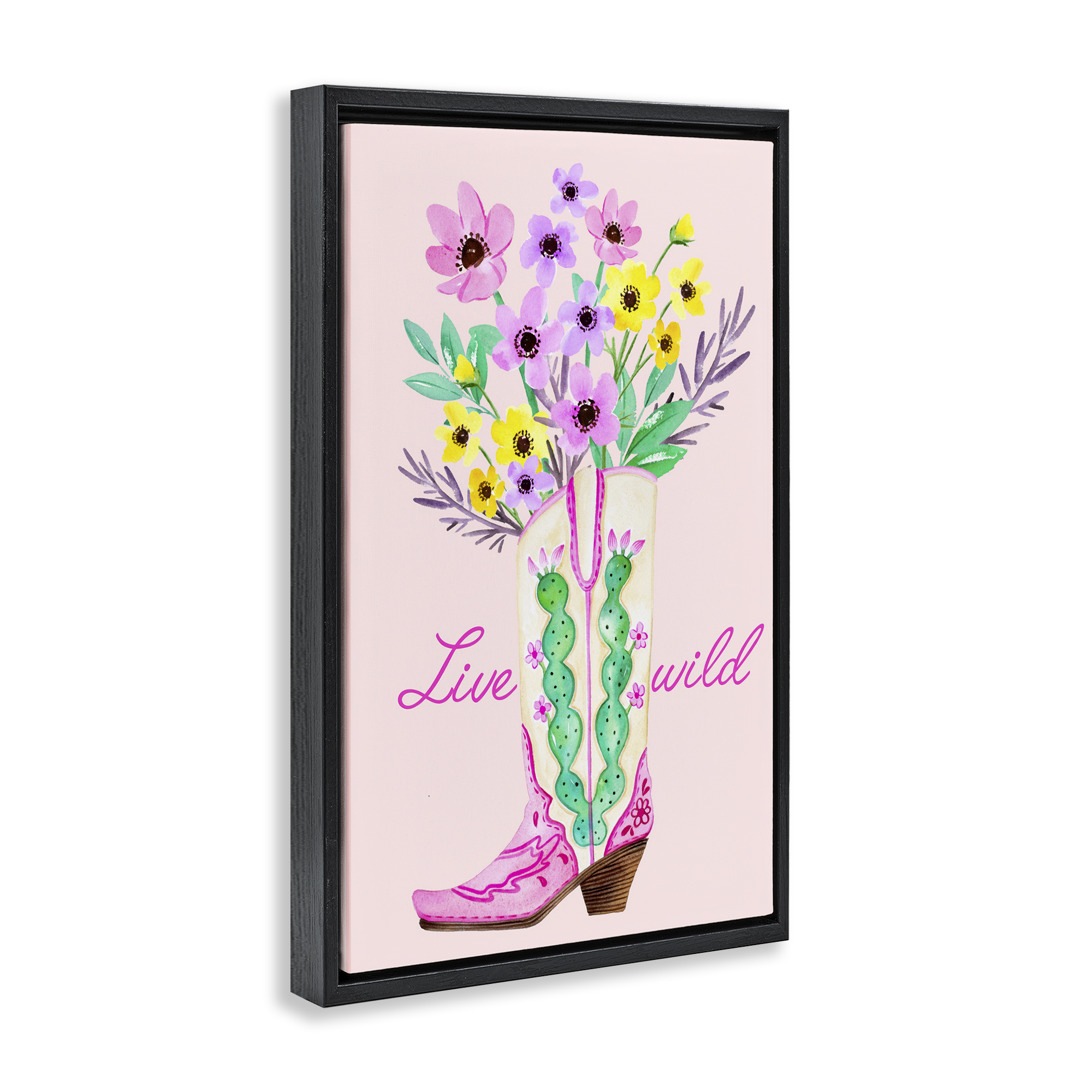 Stupell Industries Live Wild Cowgirl Boot Botanical & Floral Painting Black Floater Framed Art Print Wall Art, 21 x 31