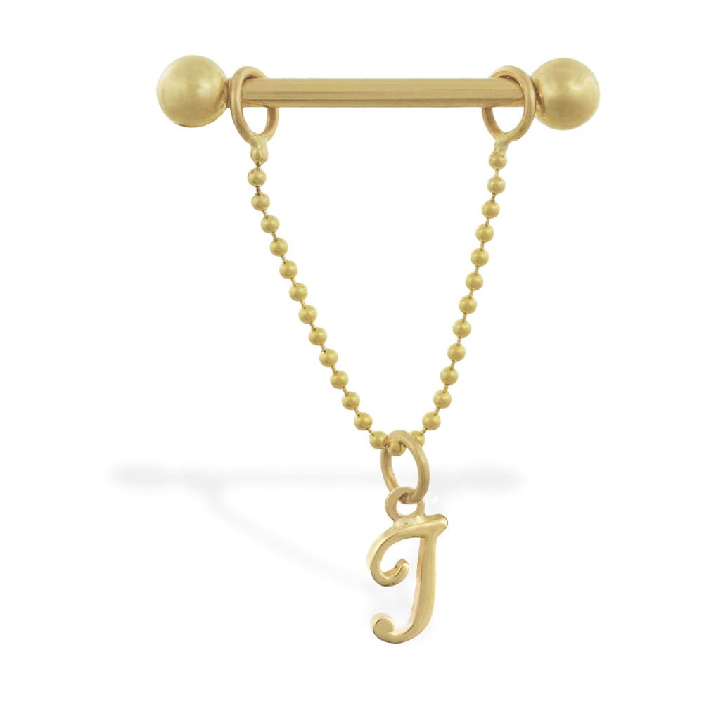 MsPiercing 14K Gold Nipple Ring With Dangling Jeweled Cat On Chain 14 Ga