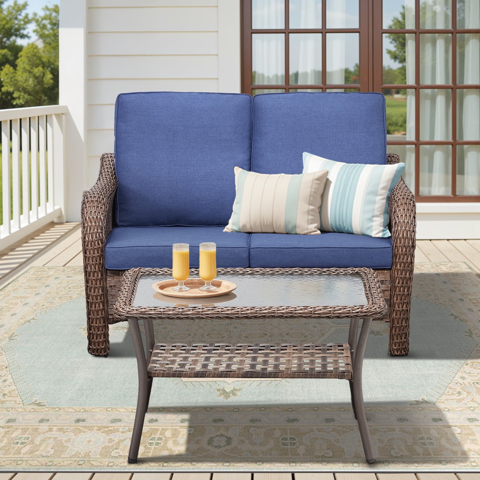 3 Piece Patio Wicker Furniture Sets, Outdoor Loveseat and Ottomans Set with Blue Cushions