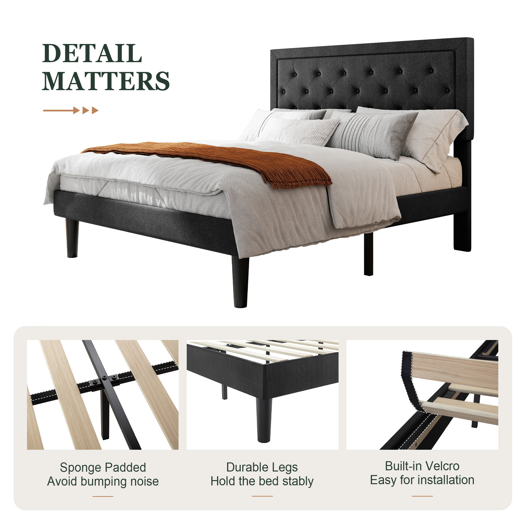 Sifurni Queen Bed Frame Upholstered Platform Bed with Adjustable Headboard, No Box Spring Needed, Black