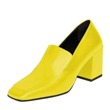YDN Women Classic Chunky Block Mid Heel Pumps Square Closed Toe Loafers Slip On Daily Walking Dressy Ladies Shoes Size 10.5 Yellow