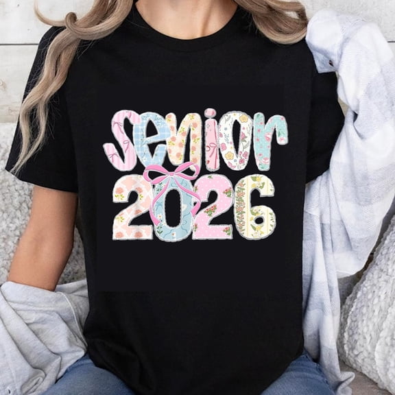 100% Cotton Senior 2026 Graduation T-Shirt Floral Design Pink Bow Women's Black Tee Class Of 2026 Gift For Girls