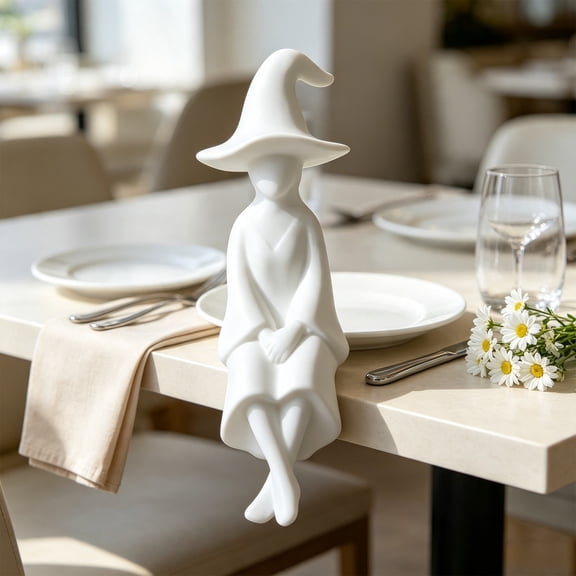 Trovenix Edge Sitting Witch Figurine Halloween White Resin Shelf Sitter Tabletop Mantel Spooky Indoor Decor Ornament