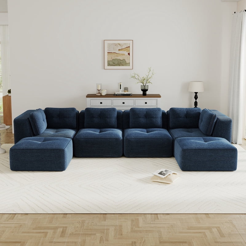 FFH 152" U-Shaped Sectionals for Living Room, 4 Seater Cloud Sofa with Ottoman, No Assembly, Blue