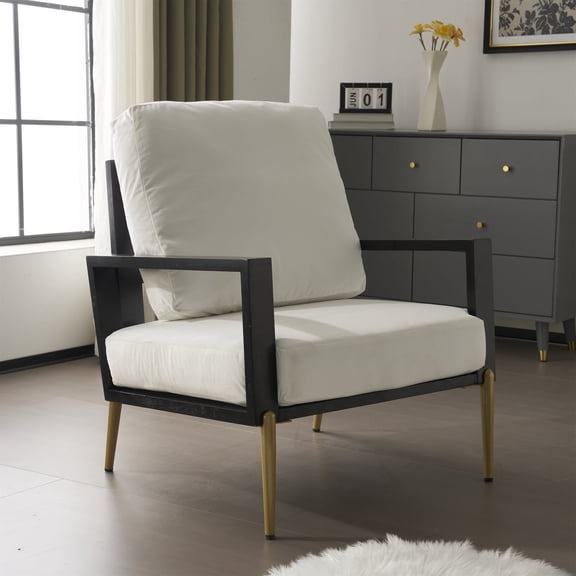 Mid-Century Modern Armchair with Solid Wood Frame, Velvet Fabric Living Room Chairs with Metal Legs, Reading Chair for Balcony, Living Room and Bedroom, White