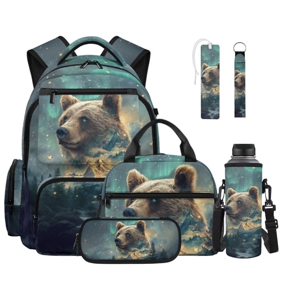 FOR U DESIGNS Galaxy Forest Bear Print Backpack Set for Middle School 6Pcs, Lightweight Bookbag with Lunch Box Pencil Case Water Bottle Sleeve Leather Bookmark Keychain