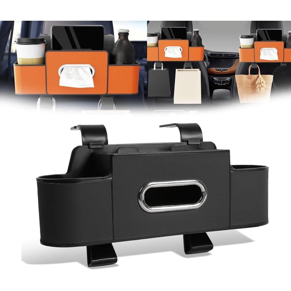 AsdQ 3 in 1 Back Seat Organizer, with Cup Holders, Tissue Compartment, and Hanging Hooks to Keep Your Car Tidy (Black*1)