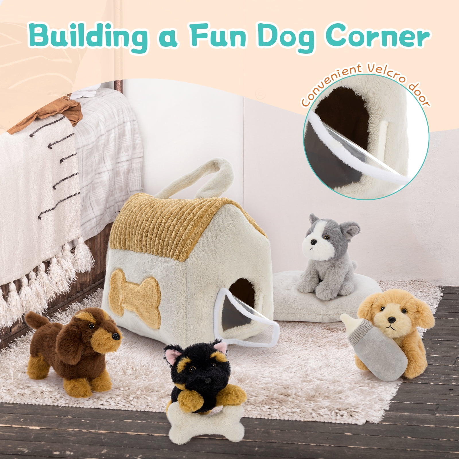 MaoGoLan 8 Pcs Dog House Stuffed Animal 9.8'' Cute Dog House With 4 Puppies Inside Plush Toy